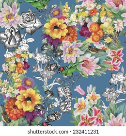 Birds with flowers seamless pattern on blue background vector illustration