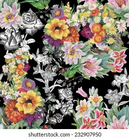 Birds with flowers seamless pattern on black background vector illustration