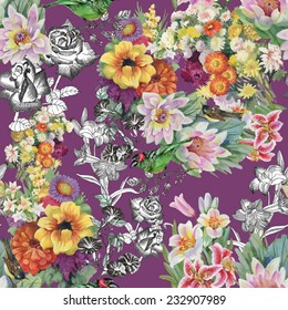 Birds with flowers seamless pattern on purple background vector illustration