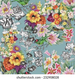 Birds with flowers seamless pattern on green background vector illustration