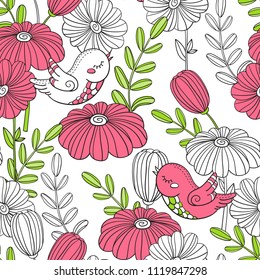 Birds and flowers. Seamless pattern. Prints for wallpaper, wrapper, fabric, paper.