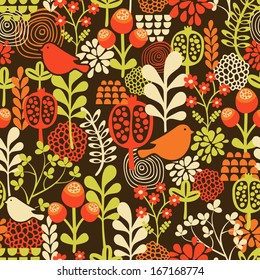Birds and flowers seamless pattern. Vector texture.