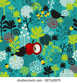 Birds and flowers seamless pattern. Vector texture.  