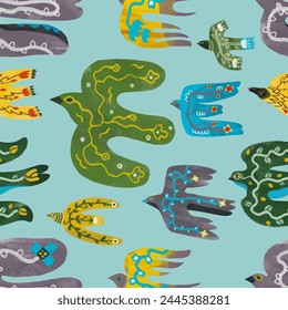 Birds and flowers seamless pattern watercolor vector. animal and nature.