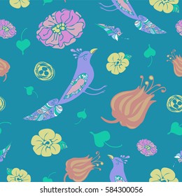 Birds and flowers seamless vector pattern on dark blue background for textile, decoration, print and wrapping
