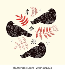 Birds and flowers, set of vector ornate design elements. Abstract bird branding decor apparel in hand-drawn folk rustic patterned minimal style, good for hand crafted local brand products and more
