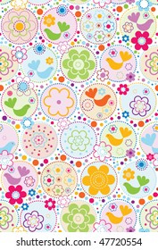 Birds Flowers Spots Seamless Pattern:  great for stationery, wrapping paper and packaging