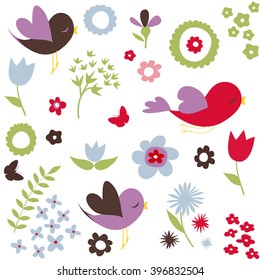Aves y flores, fondo primaveral