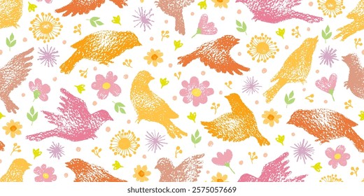 Birds and flowers spring Easter pattern. Seamless floral vector background. Crayon spring wallpaper. Garden bird, plant, leaf print and flower design. Abstract simple pastel Easter pattern, cute bg