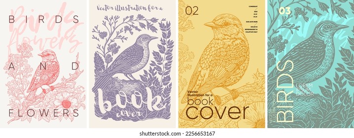 Birds and flowers. Spring. Nature. Engraving style. Typography posters design. Simple pencil drawing. Set of flat vector illustrations. Print, banner, label, cover or t-shirt.