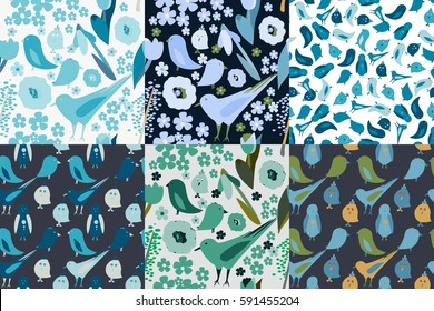 birds and flowers spring set. Hand drawn vector illustration. 6 seamless patterns