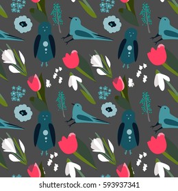  birds and flowers spring set. Hand drawn vector illustration. Sketch style.Seamless pattern