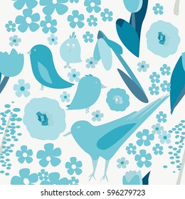  birds and flowers spring set. Hand drawn vector illustration. Sketch style.Seamless pattern