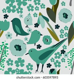  birds and flowers spring set. Hand drawn vector illustration. Sketch style.Seamless pattern