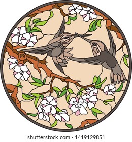 Birds with flowers stained glass window
