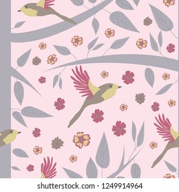 birds flowers and trees seamless pattern vector art