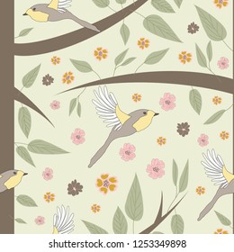 birds flowers and trees seamless pattern vector art