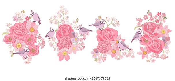 birds and flowers, vector drawing flowering arrangement at white background, floral composition, hand drawn illustration