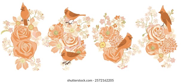 birds and flowers, vector drawing flowering arrangement at white background, floral composition, hand drawn illustration