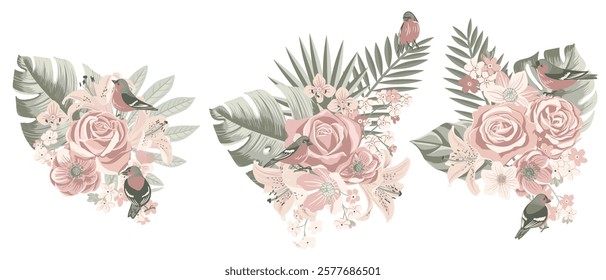 birds and flowers, vector drawing flowering arrangement with roses and palm leaves at white background, floral composition, hand drawn illustration