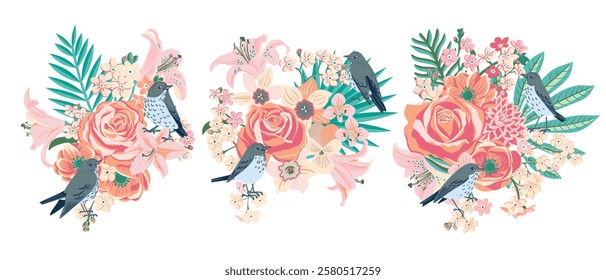 birds and flowers, vector drawing flowering arrangement with roses and palm leaves at white background, floral composition, hand drawn illustration