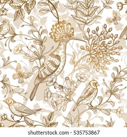 Birds and flowers vector illustration. Unusual motives of nature oriental style. Seamless pattern with image of animals and plants for design fabrics, paper. Vintage art. Gold foil on white background