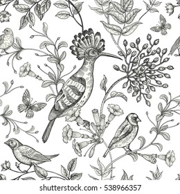 Birds and flowers vector illustration. Unusual motives of nature oriental style. Seamless pattern with image of animals and plants for design of fabrics, paper. Vintage art. Black on white background.