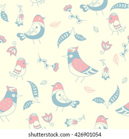birds and flowers. vector seamless pattern with birds and floral elements. ornamental hand drawn illustration