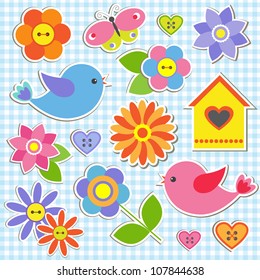 Birds and flowers. Vector set of stickers