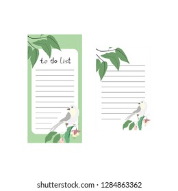 Birds and flowers vector template for TO DO List, notepad and diary.