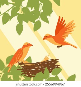 Birds fluttering over the nest against the background of sun rays and tree branches. Bird's nest with two birds. Theme - nature conservation. Vector illustration