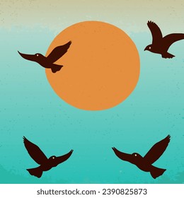 Birds fly amidst the clear blue sky. Gives a feeling of freedom and peace.