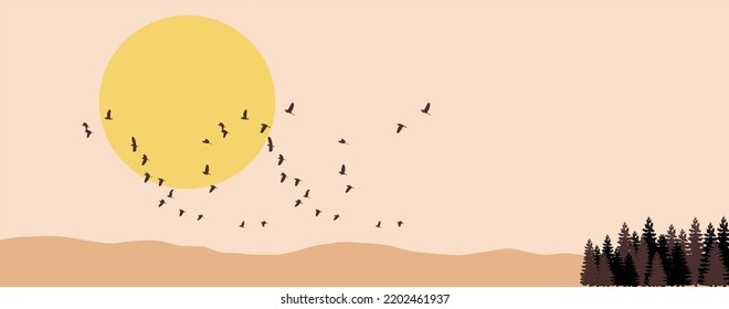 Birds fly to the forest at sunset