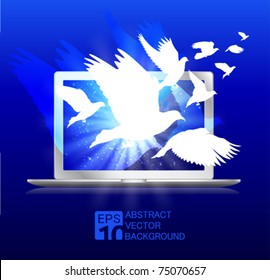 birds fly from laptop screen - illustration