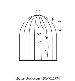 Birds fly out of the cage. Freedom concept