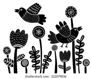 Birds fly over the flowers. Stylized black-and-white image.