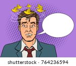 Birds fly over the head of a drunk man pop art retro vector illustration. Bad feeling metaphor. Comic book style imitation.