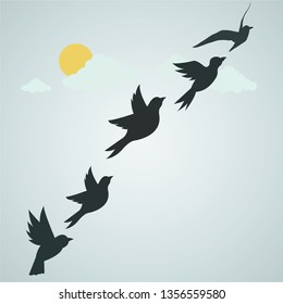 birds fly in the sky with friends in clouds and sun. illustration. Vector