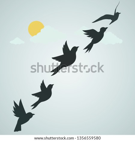 birds fly in the sky with friends in clouds and sun. illustration. Vector