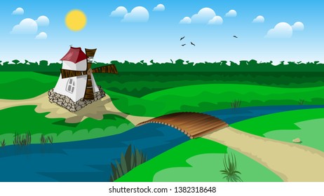 birds fly in the sky with the sun and clouds over the old mill, located in front of the fields and the forest near the wooden bridge over a small river. rural landscape. vector