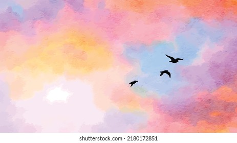 Birds fly to sunset background of the sky - abstract, colorful, creatine concept. Cartoon. Watercolor style. Vector illustration. Clipart