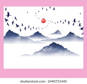 Birds fly towards the red Sun through the misty foggy mountains. Asian stile vector illustration.