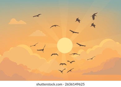 Birds flying across a sunset sky with bright sun and glowing orange clouds.