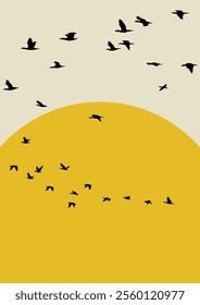 Birds flying against the sun. Bird flock silhouette at dawn or sunset simple 2d illustration poster