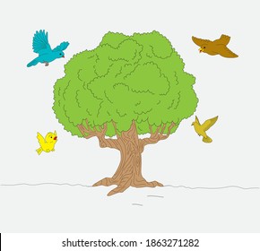 Birds are flying around green oak tree
