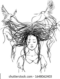 birds flying around tousled hair of sad girl with closed eyes