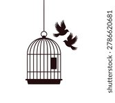 Birds flying away from an open hanging cage outdoors free freedom concept