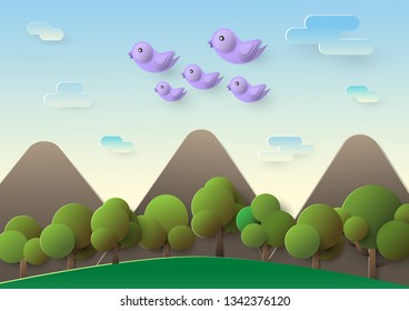 birds are flying back home in the evening, paper art style vector illustration.