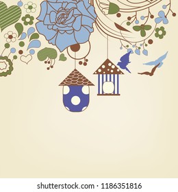 Birds flying and bird cages in a floral garden