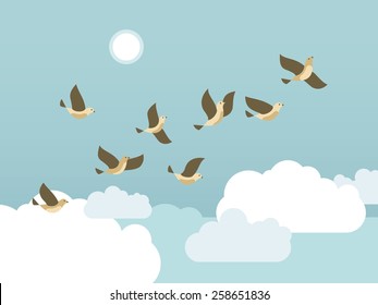Birds flying in the blue sky with clouds and sun. Vector illustration.